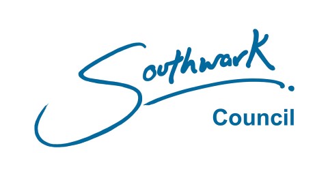 Southwark Council logo. A blue hand written style font