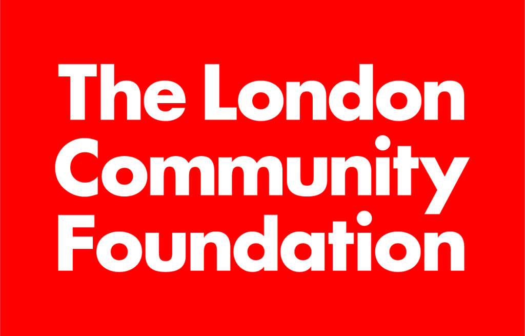 White text reading 'The London Community Foundation' over a bright red background