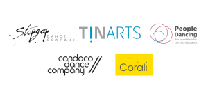 Logos of the companies which are part of the 'Working Group' - reading Stopgap Dance Company, TINARTS, People Dancing, Candoco Dance Company and Corali.