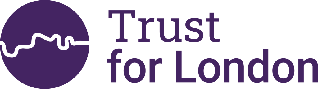 Purple company logo reading 'Trust for London' with a circular sticker containing a messy, white, horizontal line in it.