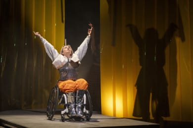 A dancer performing on stage against a warm yellow background showing the silhouette of the performers standing behind it. The focus is on the dancer on stage, captured looking upwards with arms raised.
